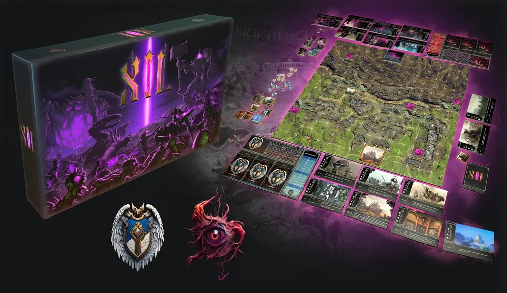 XIL-Spielbox mit aufgebautem Schlachtfeld, Karten und Spielsteinen